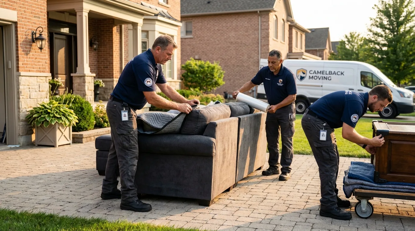 Large estate moving crew wrapping furniture in Cortland, NY