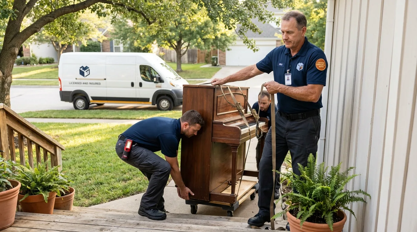 Licensed piano movers securing grand piano in Cortland, NY
