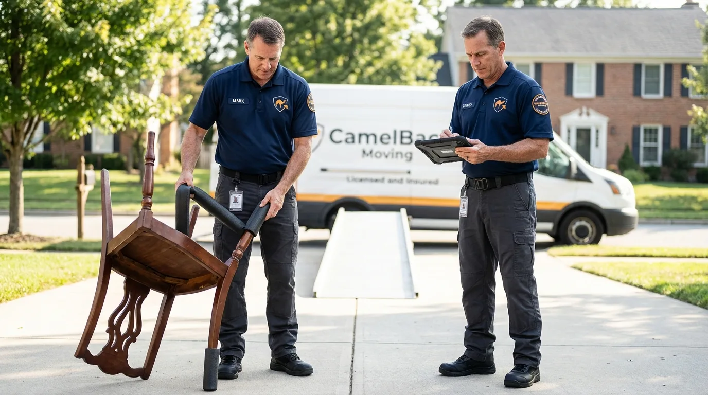 Movers inspecting furniture for damage prevention before loading in Cortland, NY