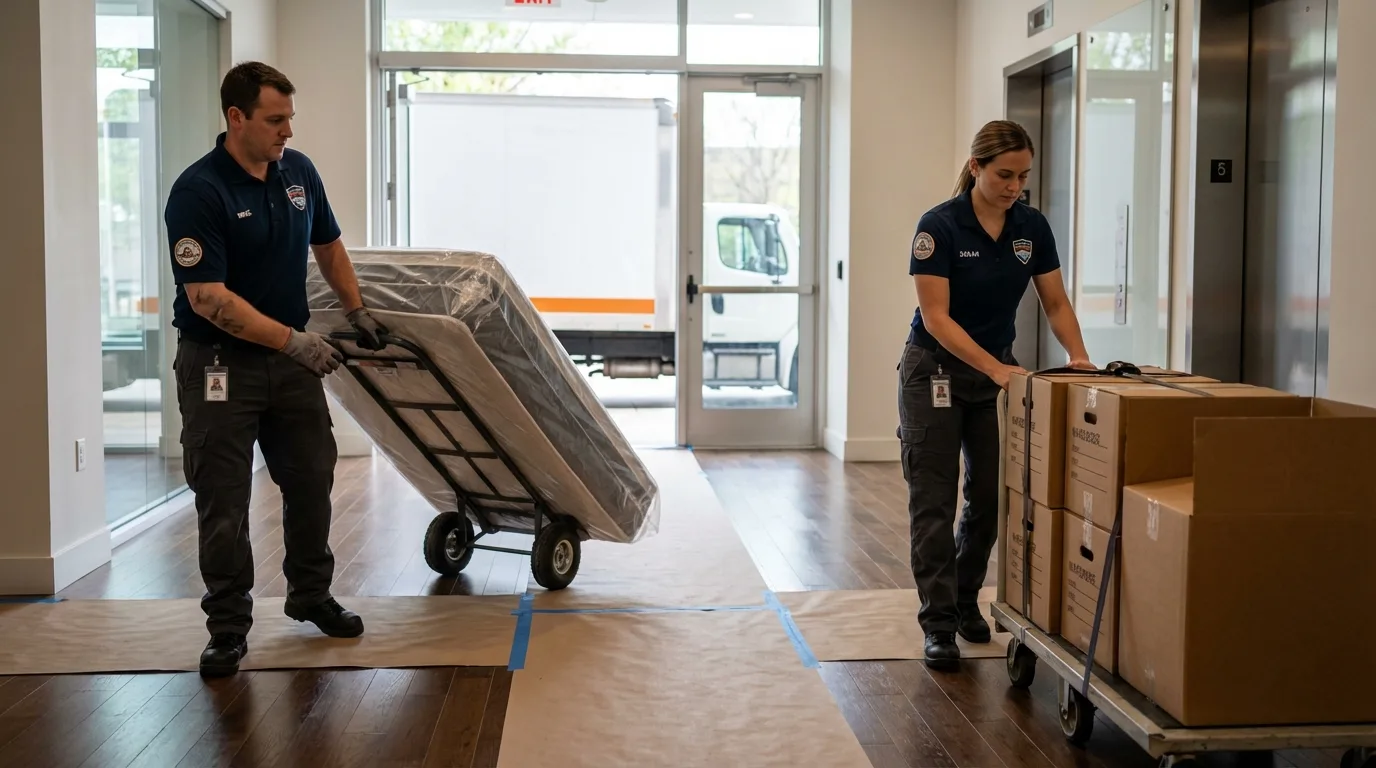 Professional apartment movers loading elevator in Cortland, NY